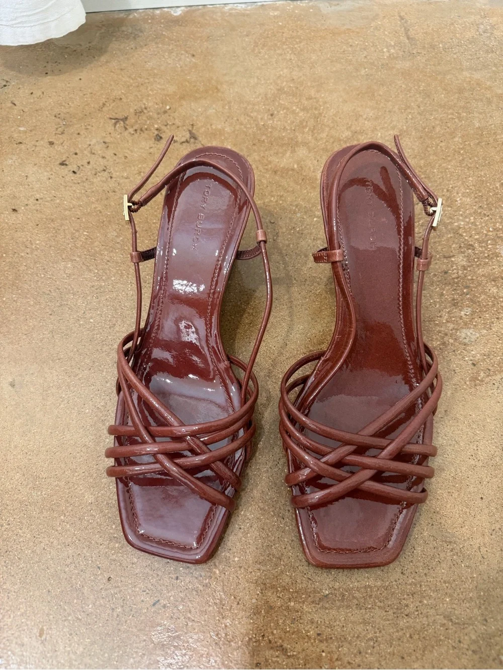 Tory Burch Multi Strap Wedge Sandals Cork Wedge Patent Leather Size 7.5